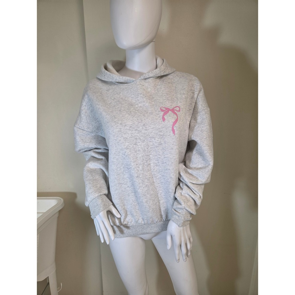 Edikted Grey Heather Pink Bow Graphic Oversized Hoodie Sweatshirt Medium